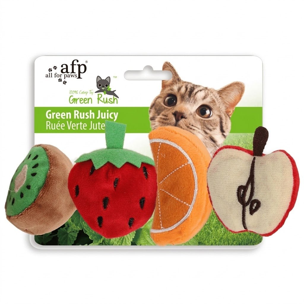 4-pack plush cat toys: watermelon, orange slice, apple, and green leaf shapes