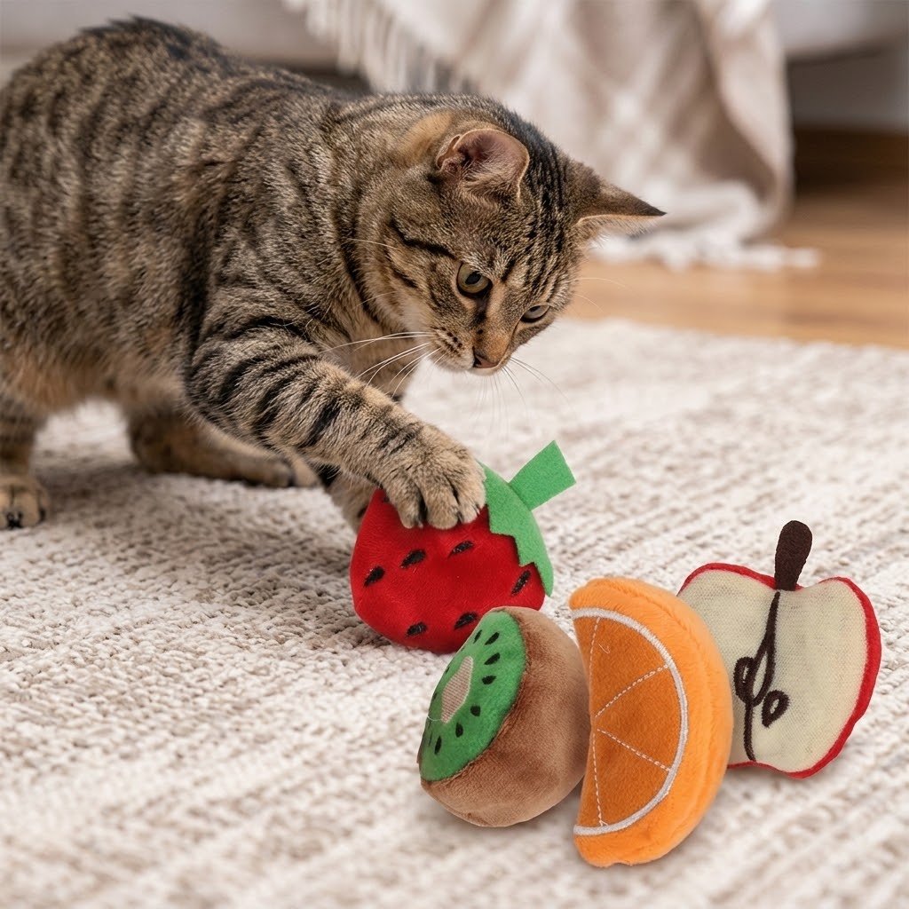 Tabby cat playing with plush watermelon and orange slice toys, 4-pack set