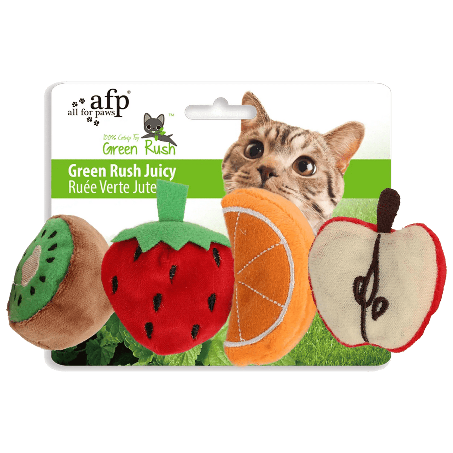 AFP Green Rush Juicy four-pack cat toys on a transparent background
