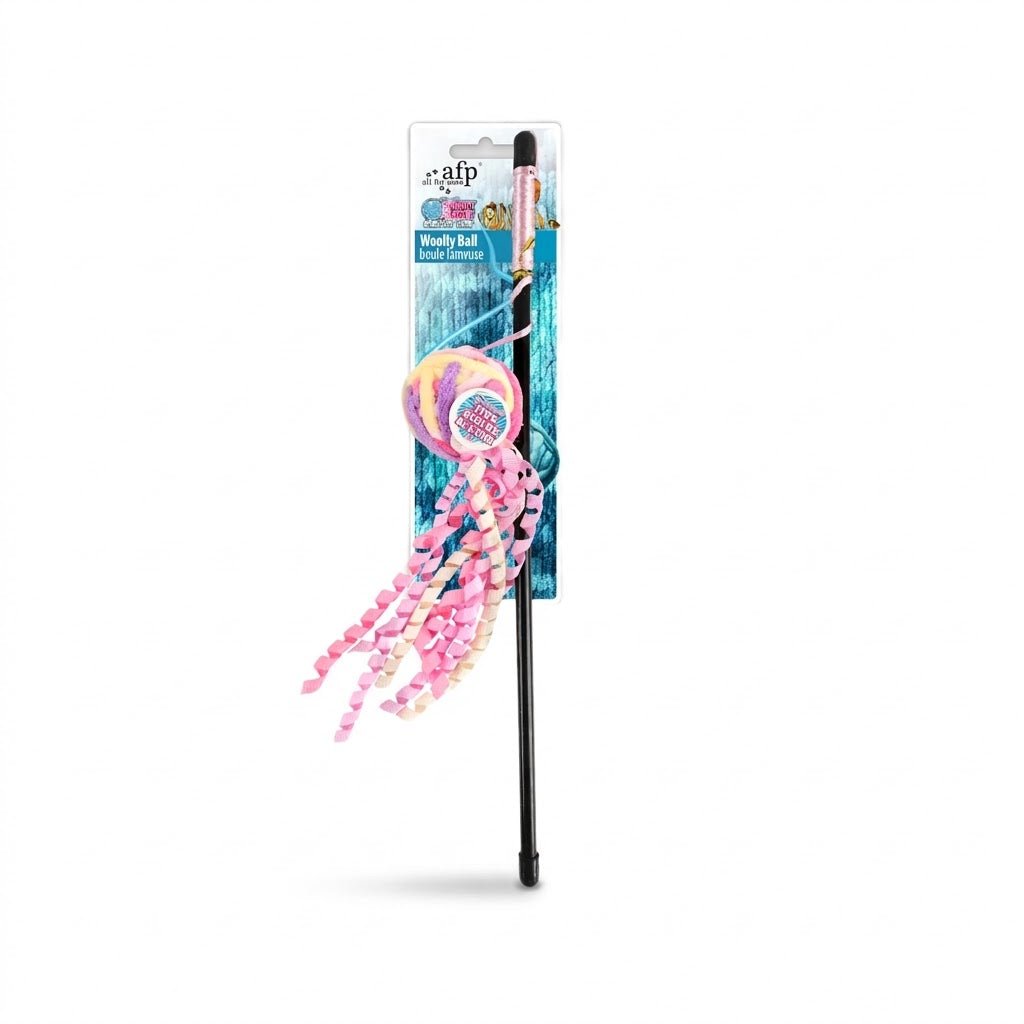 AFP wool ball cat wand with black stick and pink knotted ribbon streamers