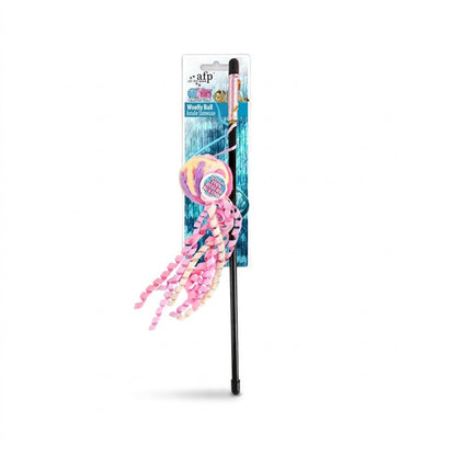 AFP wool ball cat wand with black stick and pink knotted ribbon streamers