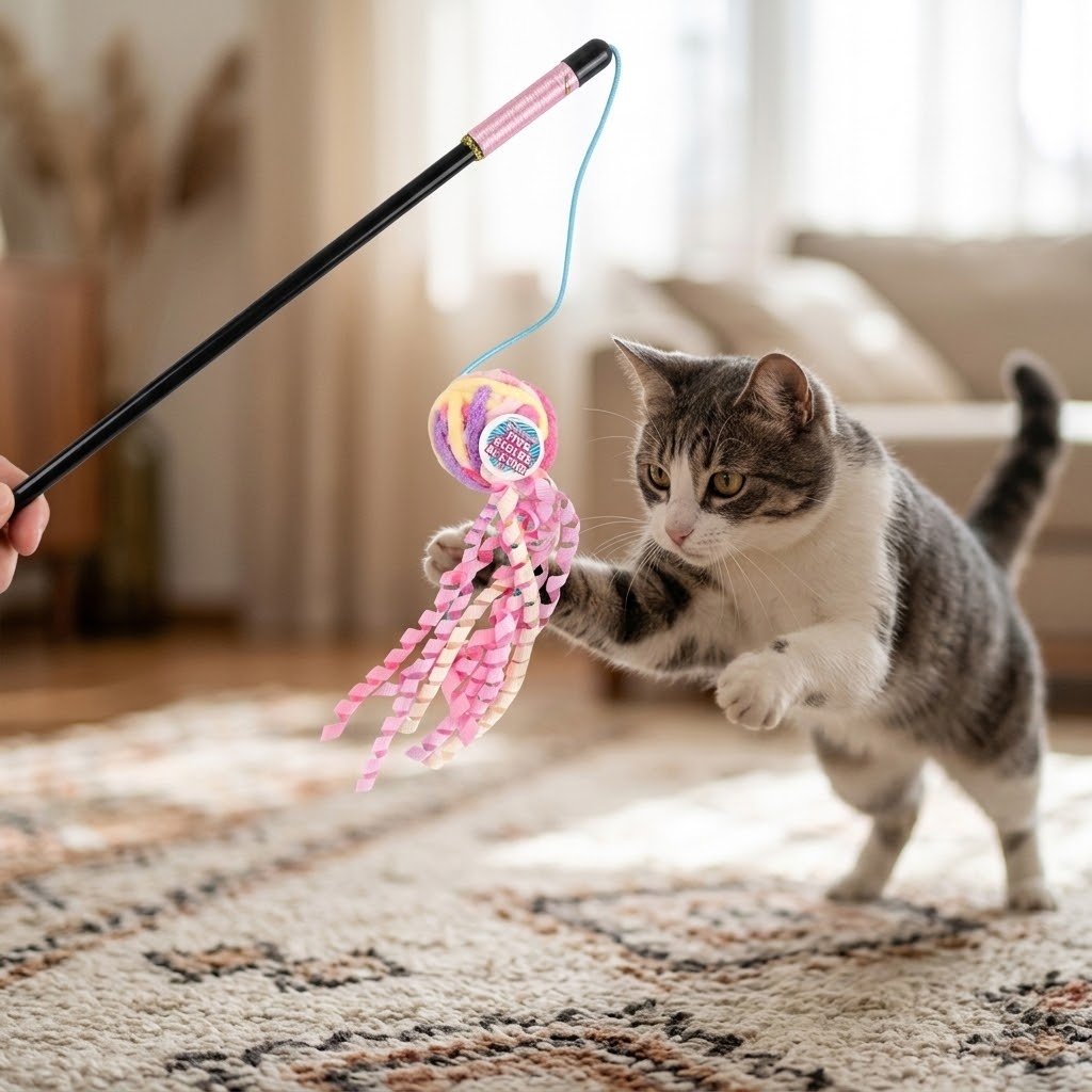 Wool ball cat wand with pink ribbon streamers and striped wand handle