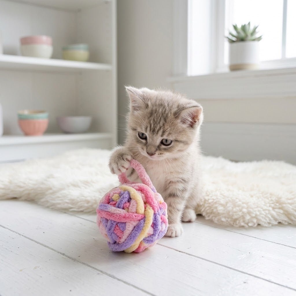 Plush yarn ball cat toy with pastel braided knots and dangling yarn string