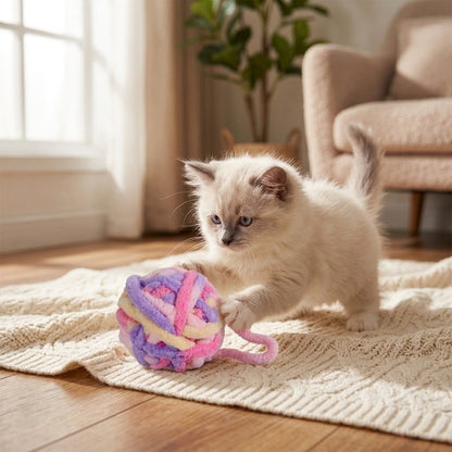 Plush yarn ball cat toy on rug, pastel purple pink yellow braided knot design