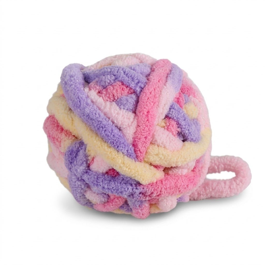Plush yarn ball cat toy with pastel purple, pink, and yellow braided knots