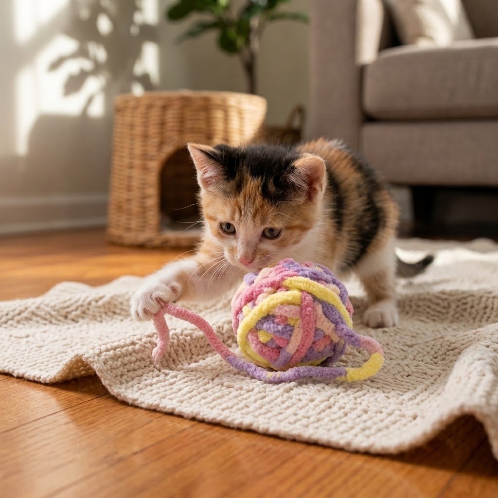 Plush yarn ball cat toy with dangling yarn, pastel purple pink yellow knots