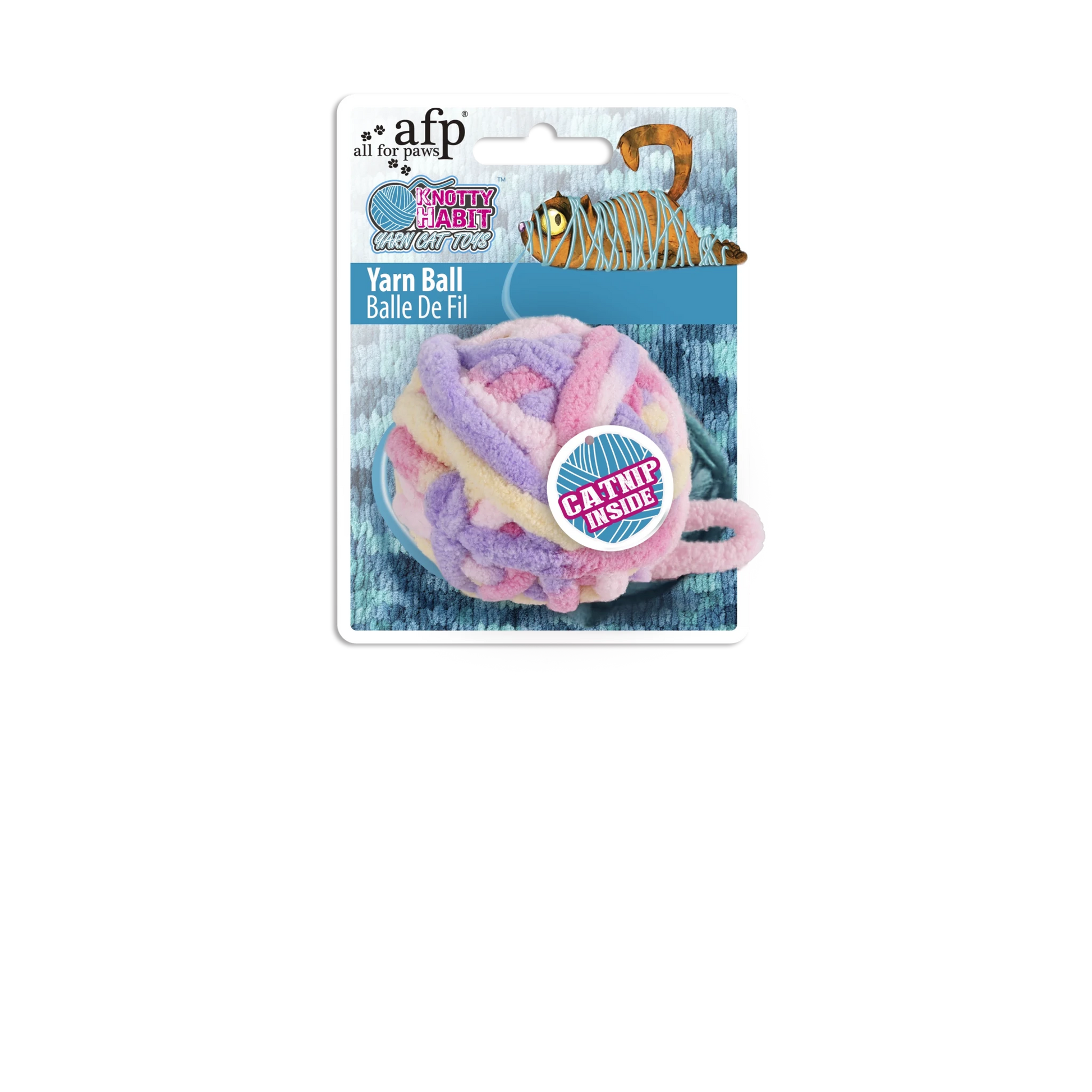 AFP yarn ball cat toy package showing pastel striped ball with dangling yarn tail
