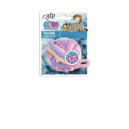 AFP yarn ball cat toy package showing pastel striped ball with dangling yarn tail