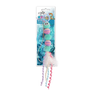 Yarn caterpillar cat toy: green plush with pink and cream yarn pom details