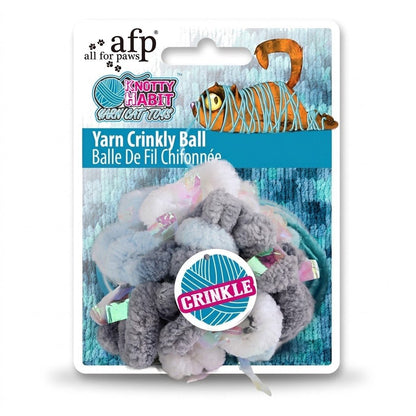 Fluffy yarn crinkly ball toy with gray and white yarn pom accents