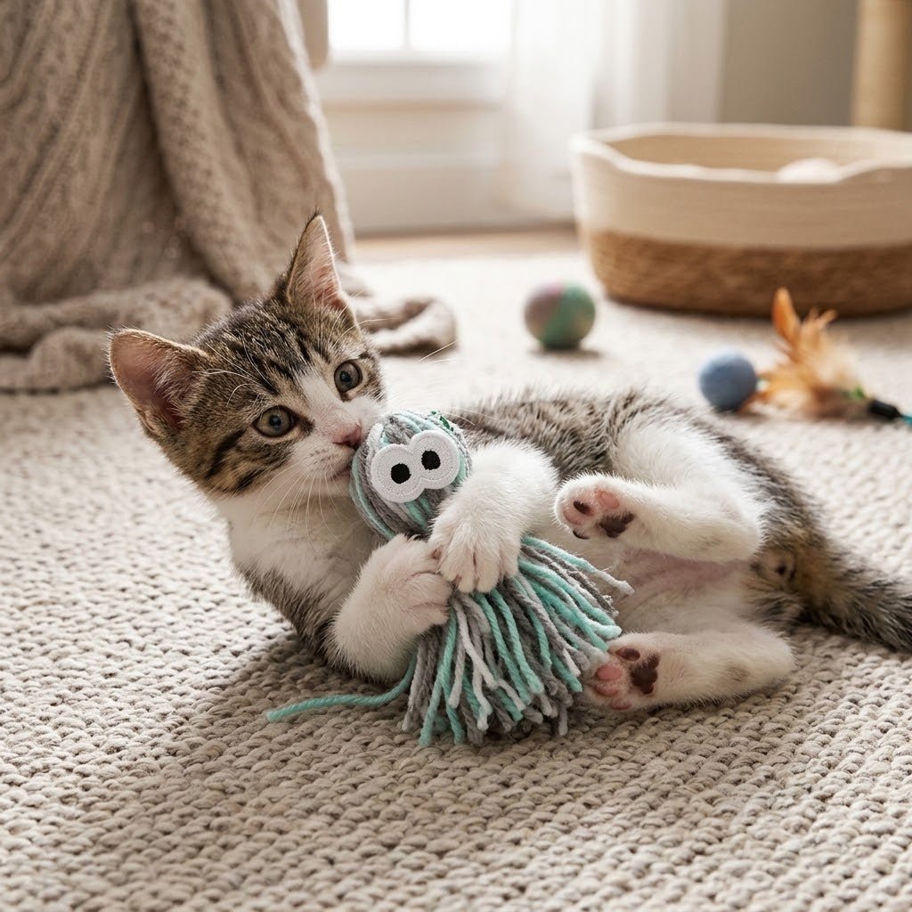 Plush yarn octopus toy with cloud face, mint-gray striped tentacles and dangling cords