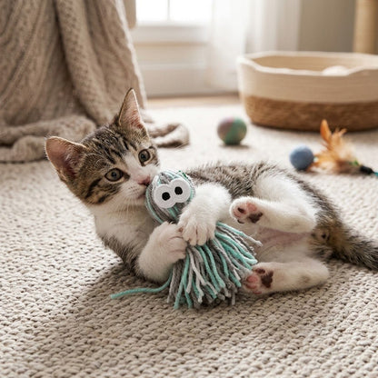 Plush yarn octopus toy with cloud face, mint-gray striped tentacles and dangling cords
