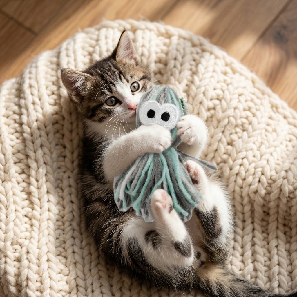 Plush yarn octopus with white cloud face and mint-gray striped tentacles, dangling body
