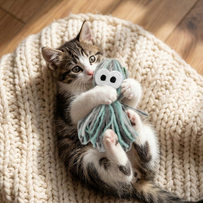 Plush yarn octopus with white cloud face and mint-gray striped tentacles, dangling body