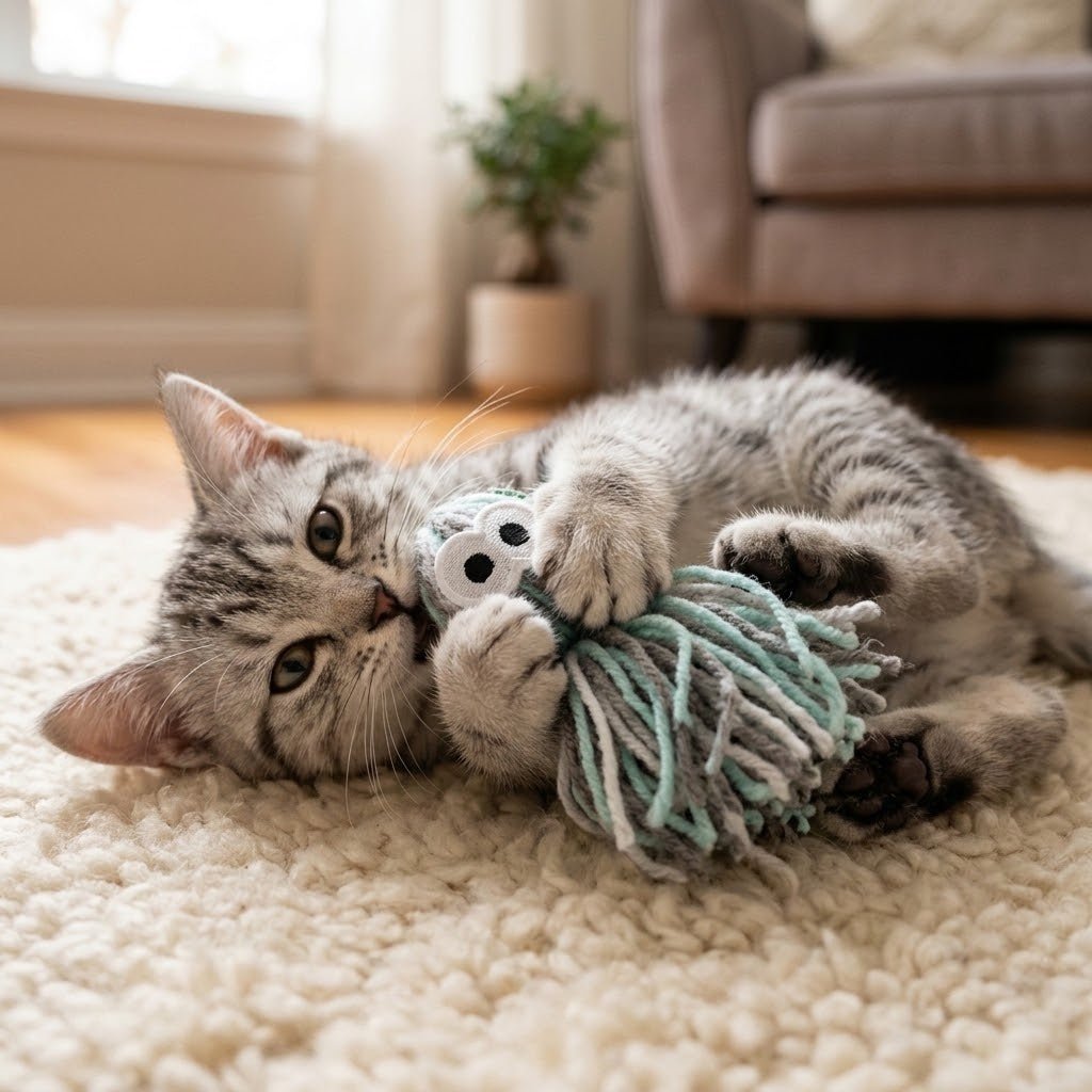 Yarn octopus toy with white cloud face, black eyes, and mint-gray striped dangling tentacles