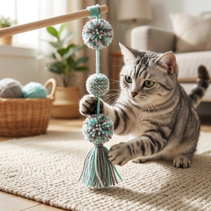 Yarn pom-pom cat wand with teal cords, tasseled ends, and wooden handle