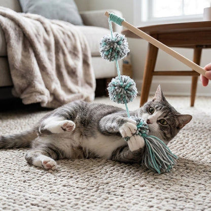 Cat toy wand with yarn pom-poms and teal tassel cord near a lounging cat
