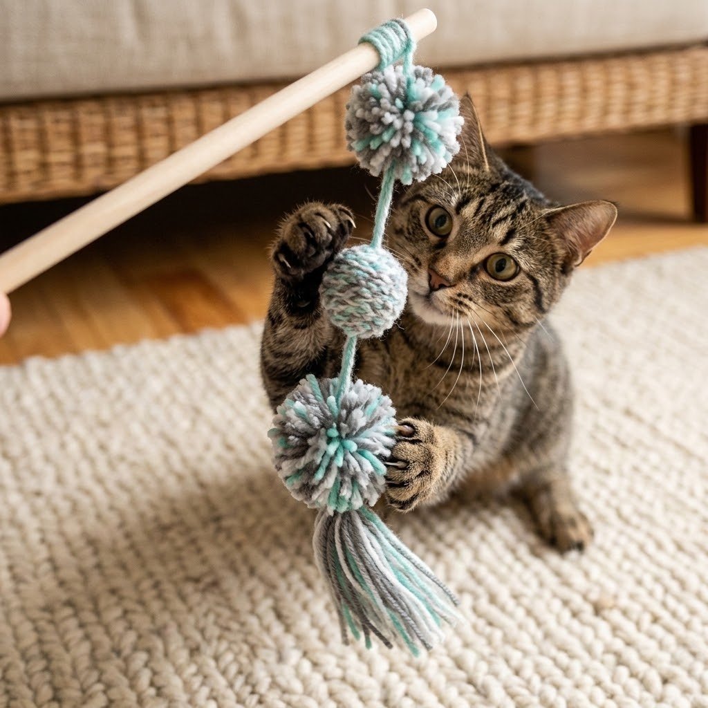 Wooden cat toy wand with yarn pom-pom tassels held near a cat’s paws