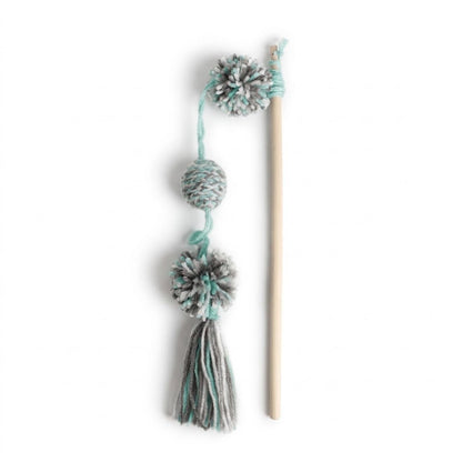 Yarn cat toy wand with light blue pom-pom tassels and fuzzy hanging balls