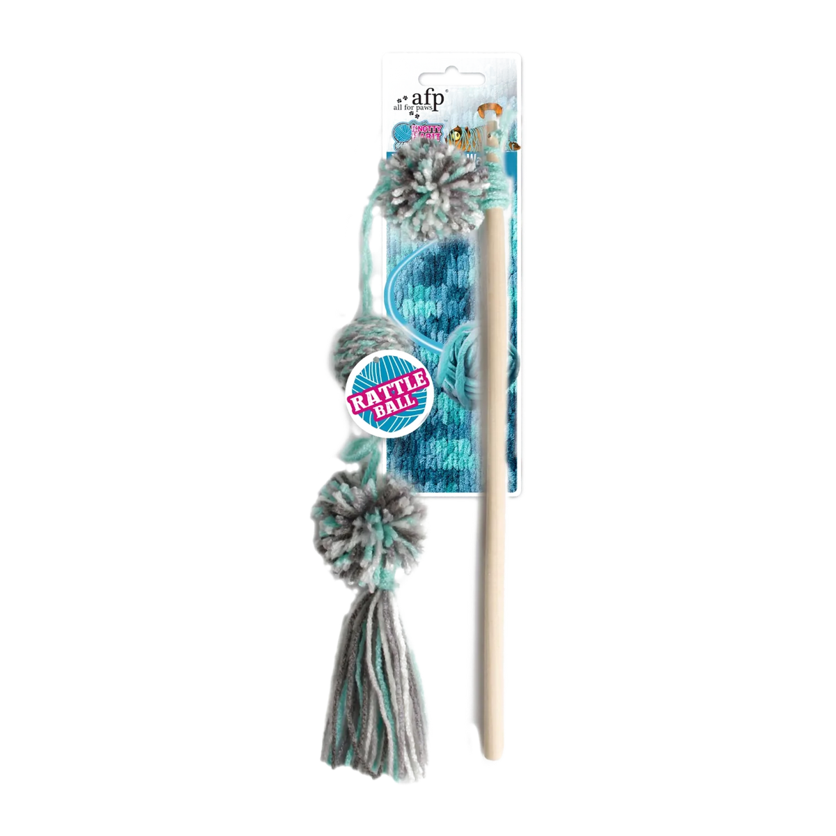 Cat toy wand with yarn pom-poms on blue backing card, white handle