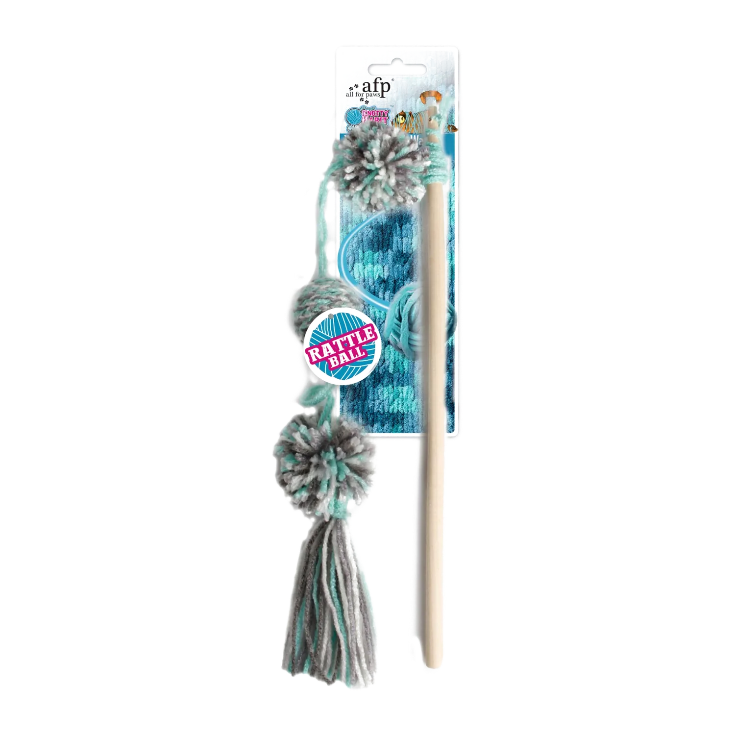 Cat toy wand with yarn pom-poms on blue backing card, white handle