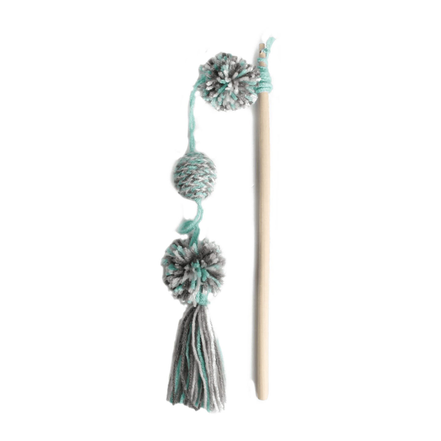 Yarn cat toy wand with three pom-poms and dangling yarn tassel, white handle