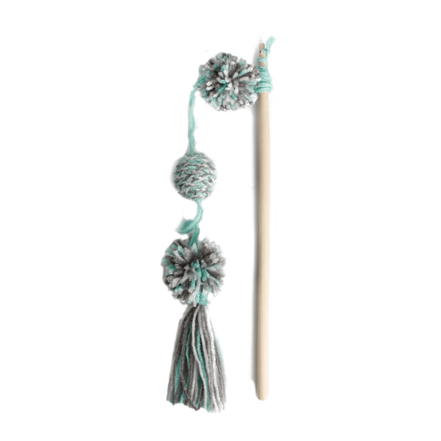 Yarn cat toy wand with three pom-poms and dangling yarn tassel, white handle