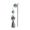 Yarn cat toy wand with three pom-poms and dangling yarn tassel, white handle