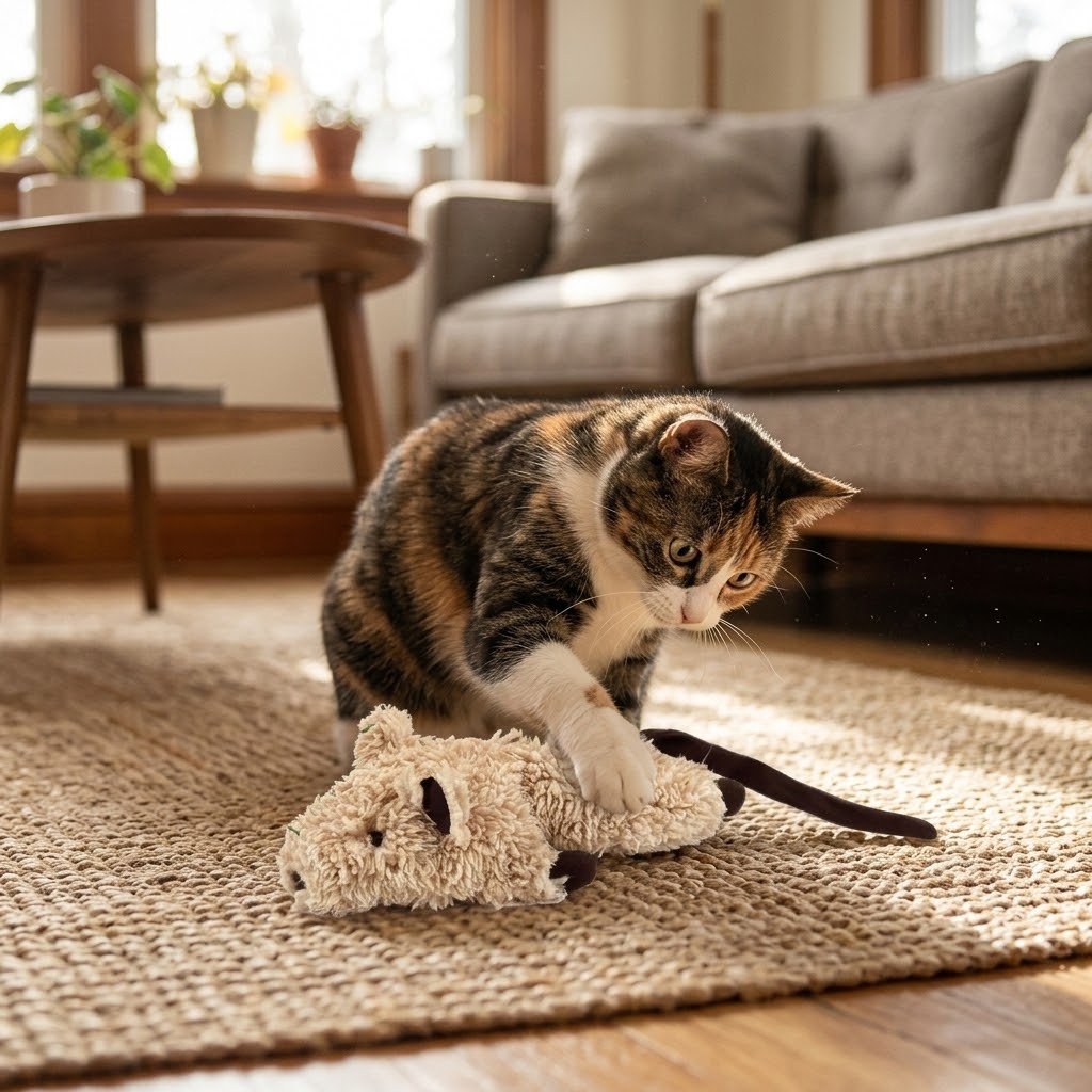 Tan plush crinkle rodent toy on rug, with tabby cat nose-close to the toy