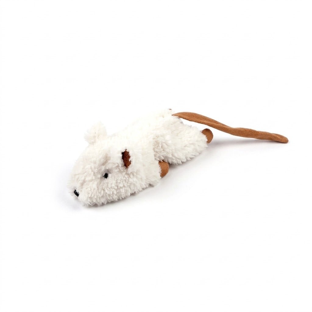 White plush crinkle rodent toy with small black eyes and brown rope-like tail