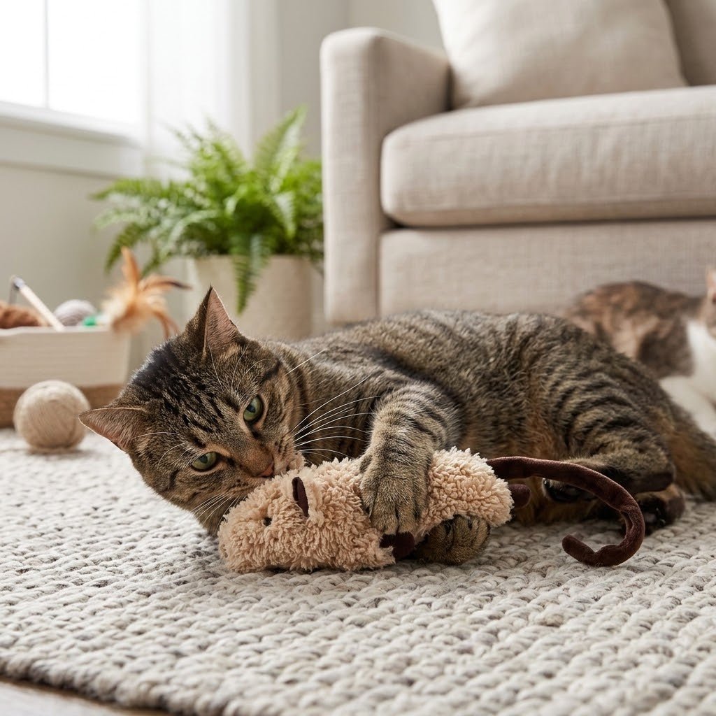 Tan plush crinkle rodent toy with tabby cat lying beside and gripping it