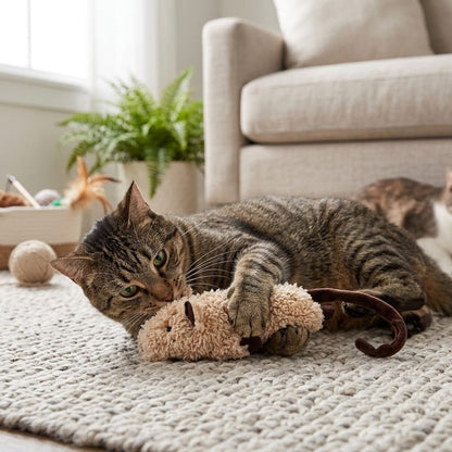 Tan plush crinkle rodent toy with tabby cat lying beside and gripping it