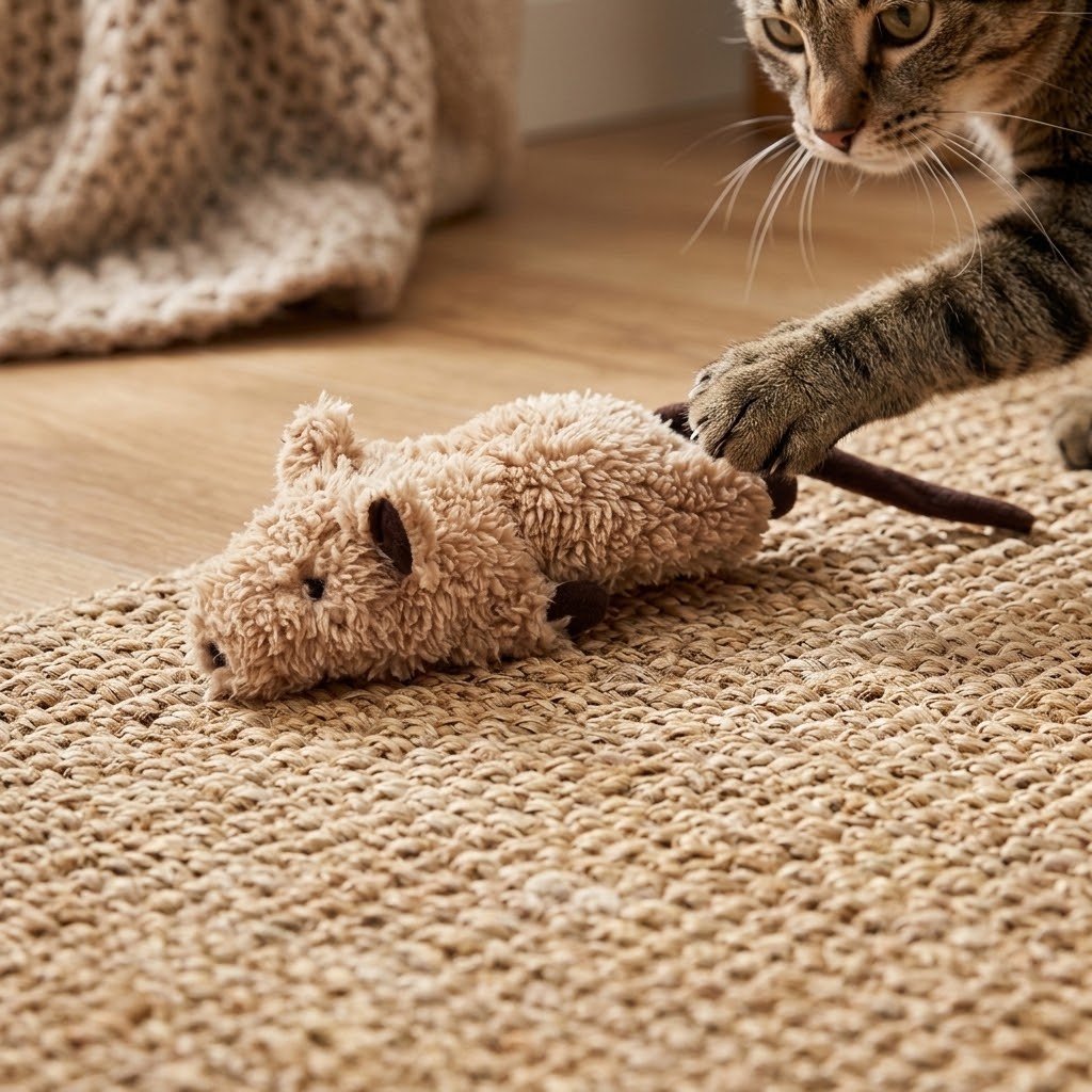 Tan plush crinkle rodent toy on carpet, with tabby cat reaching toward it