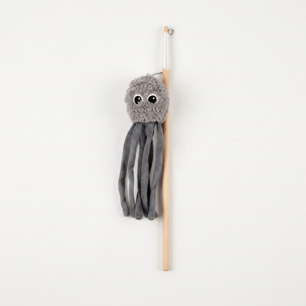 Lambswool octopus wand with gray plush octopus head and gray ribbon tentacles