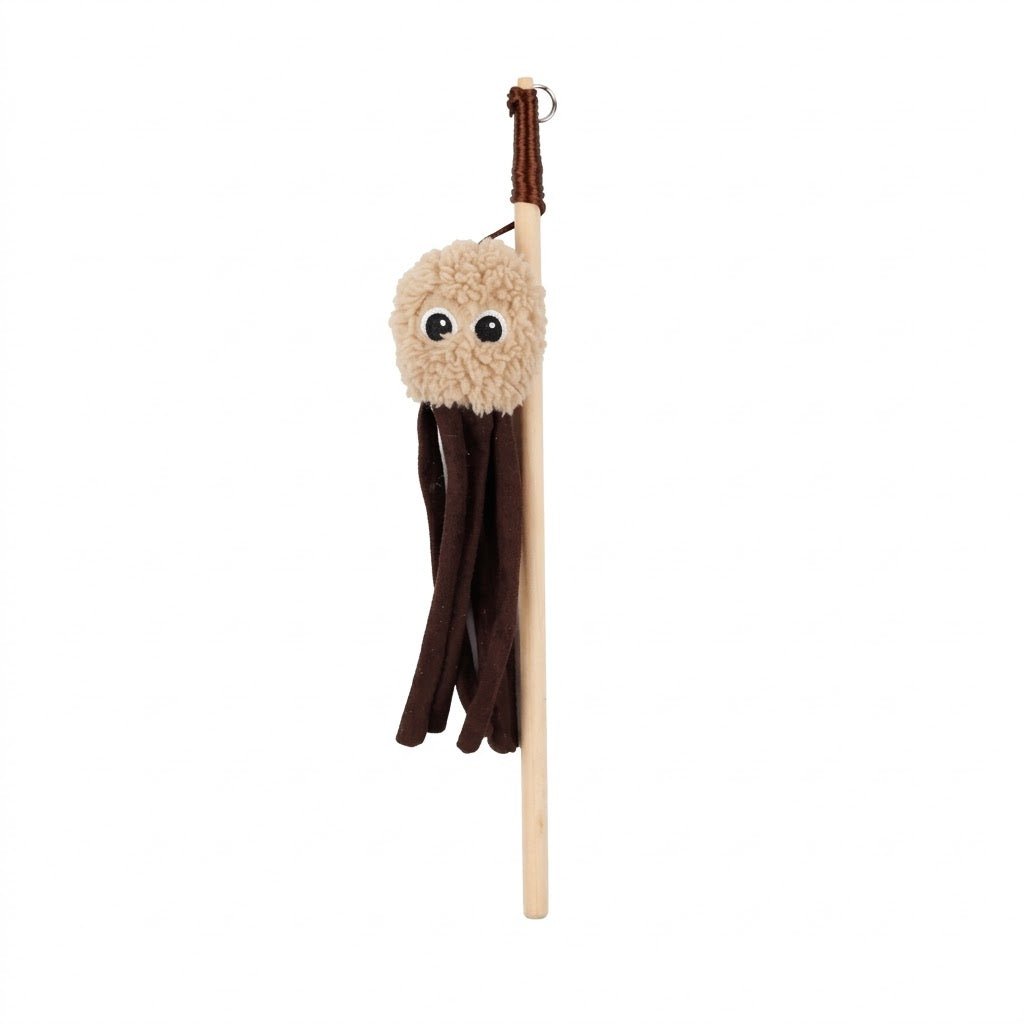 Lambswool octopus wand showing tan plush octopus head with brown ribbon tentacles