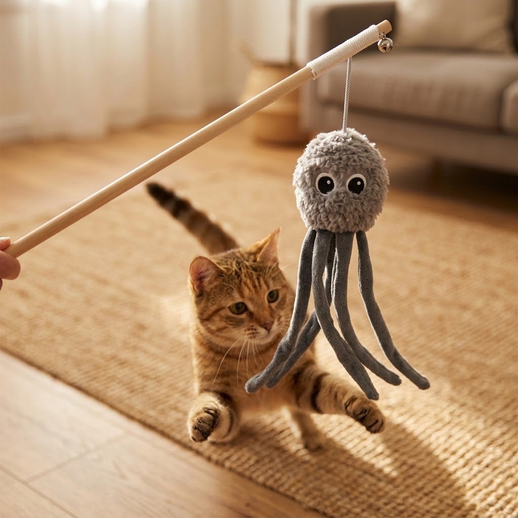 Grey lambswool octopus cat toy on a wand with dangling string tentacles