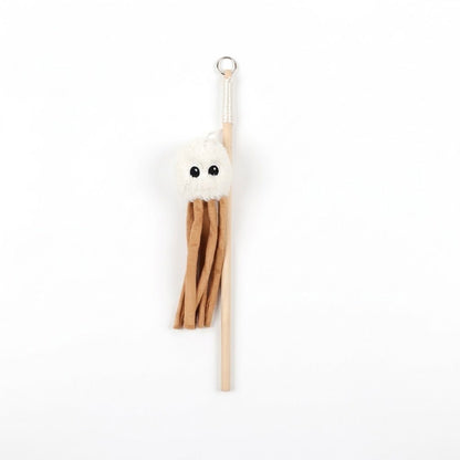 Lambswool octopus wand with white plush octopus head and tan ribbon tentacles