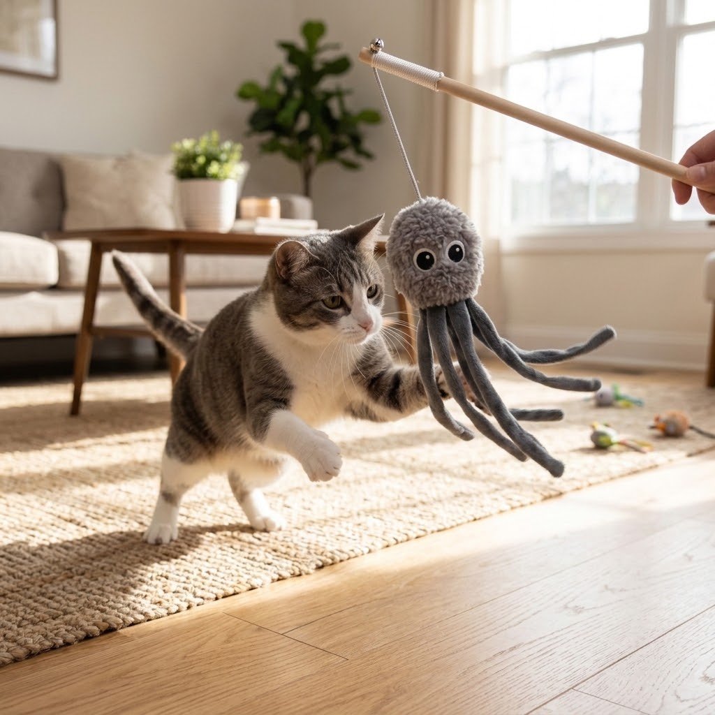 Lambswool octopus cat toy wand with grey plush tentacles and dangling string