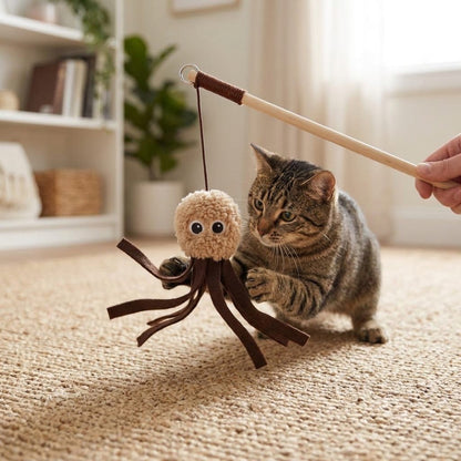 Lambswool octopus wand with tan plush octopus head and brown ribbon tentacles