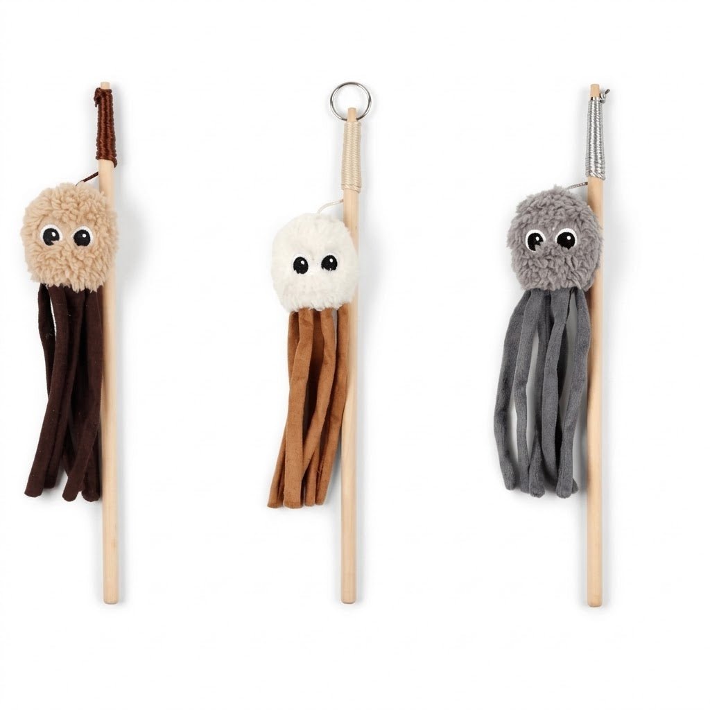 Lambswool octopus wand set with three plush octopus heads on sticks