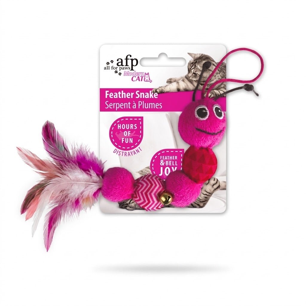 Pink cat feather snake toy in retail package, featuring fuzzy feather tail