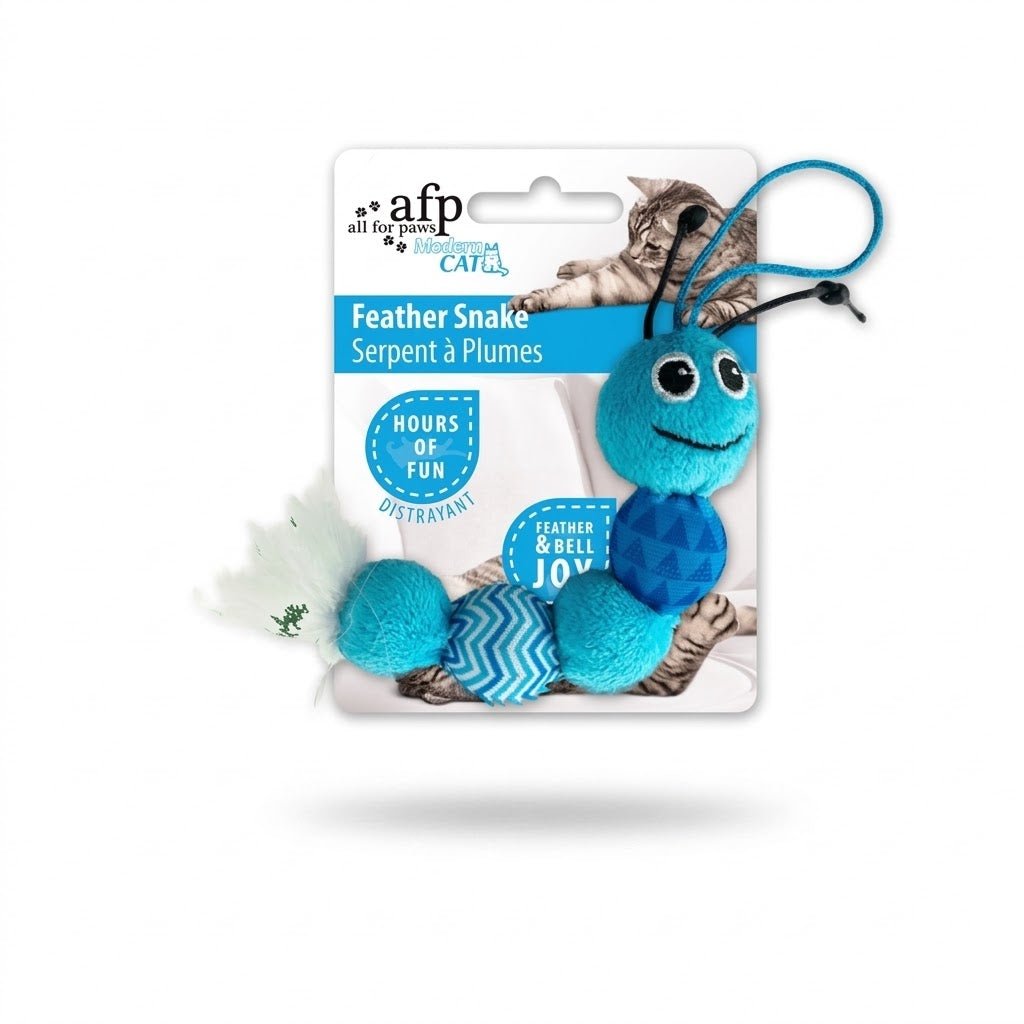 Blue cat feather snake toy in retail package, featuring fuzzy feather tail