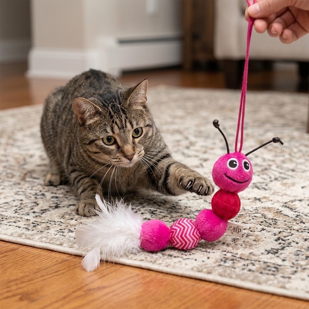 Pink plush feather snake cat toy with striped body and white fuzzy feather tail