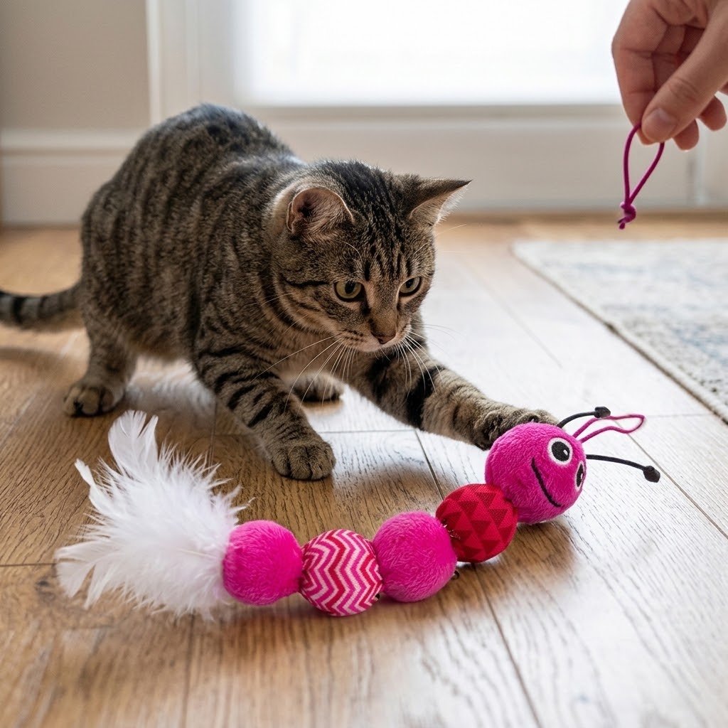 Pink and white plush feather snake cat toy with striped body and fuzzy tail