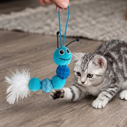 Blue plush cat feather snake toy with fuzzy feather tail and dangling string handle