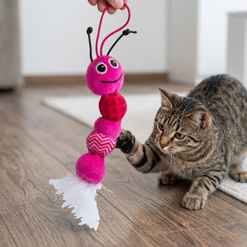 Pink plush cat feather snake toy with fuzzy feather tail and dangling string loop