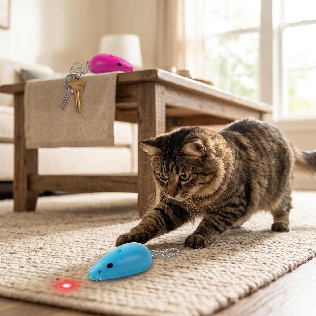 Blue cat laser mouse toy with keychain on rug, red laser light