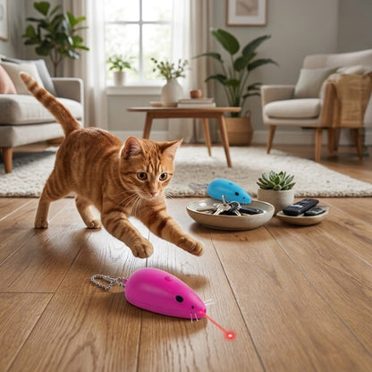 Blue and pink cat laser mouse toys with keychains, red laser dot visible