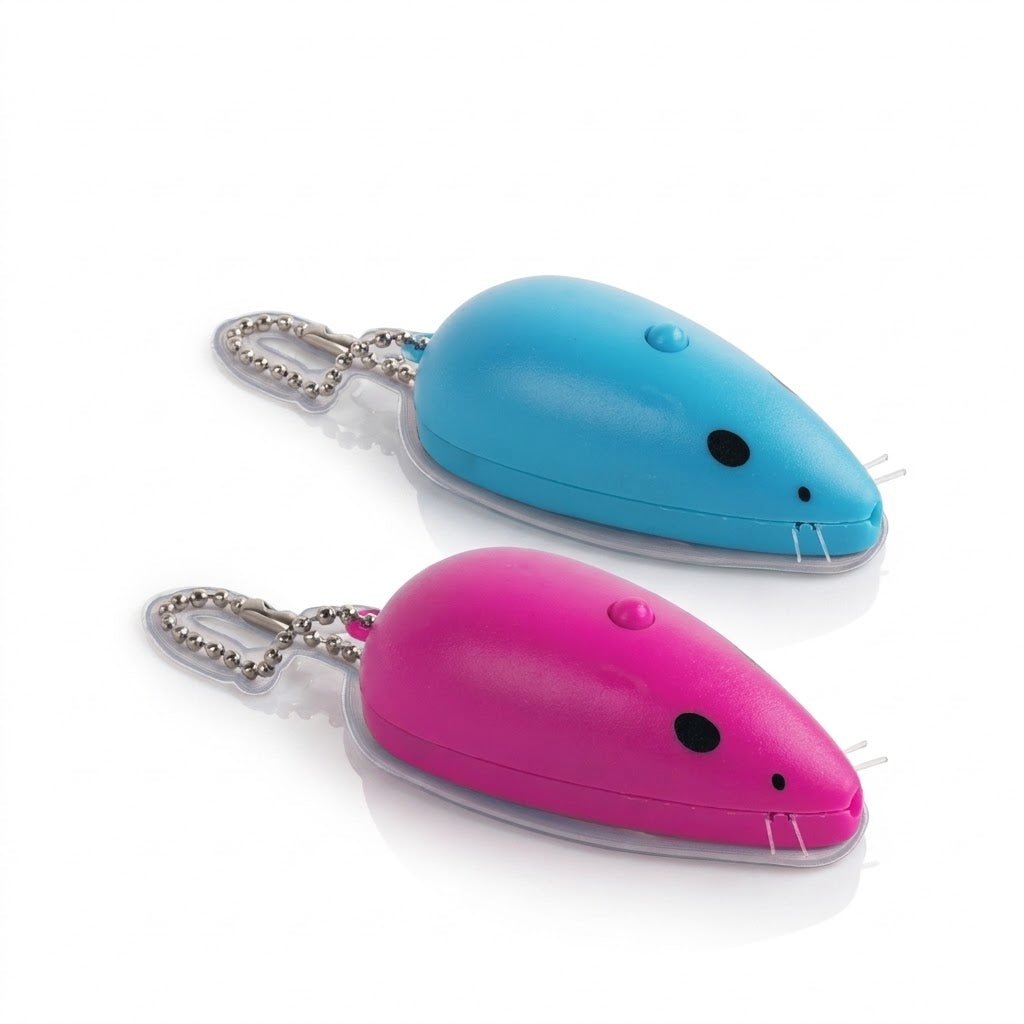 Cat laser mouse toy, blue and pink with dangling keychain, side buttons