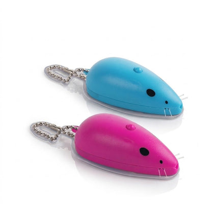 Cat laser mouse toy, blue and pink with dangling keychain, side buttons